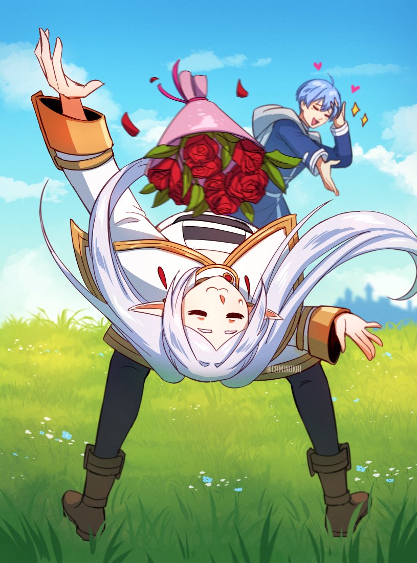 1boy 1girl :3 :d =_= arm_up artist_name black_pantyhose blue_hair blue_sky boots bouquet brown_footwear caminukai capelet clouds dangle_earrings earrings elf flexible flower frieren from_behind full_body gold_trim grass himmel_(sousou_no_frieren) jewelry leaning_back long_hair long_sleeves man_dodging_a_kettle_(meme) meme motion_blur outdoors pantyhose photo-referenced pointy_ears red_flower short_hair sky smile sousou_no_frieren standing throwing twintails twitter_username white_capelet white_hair