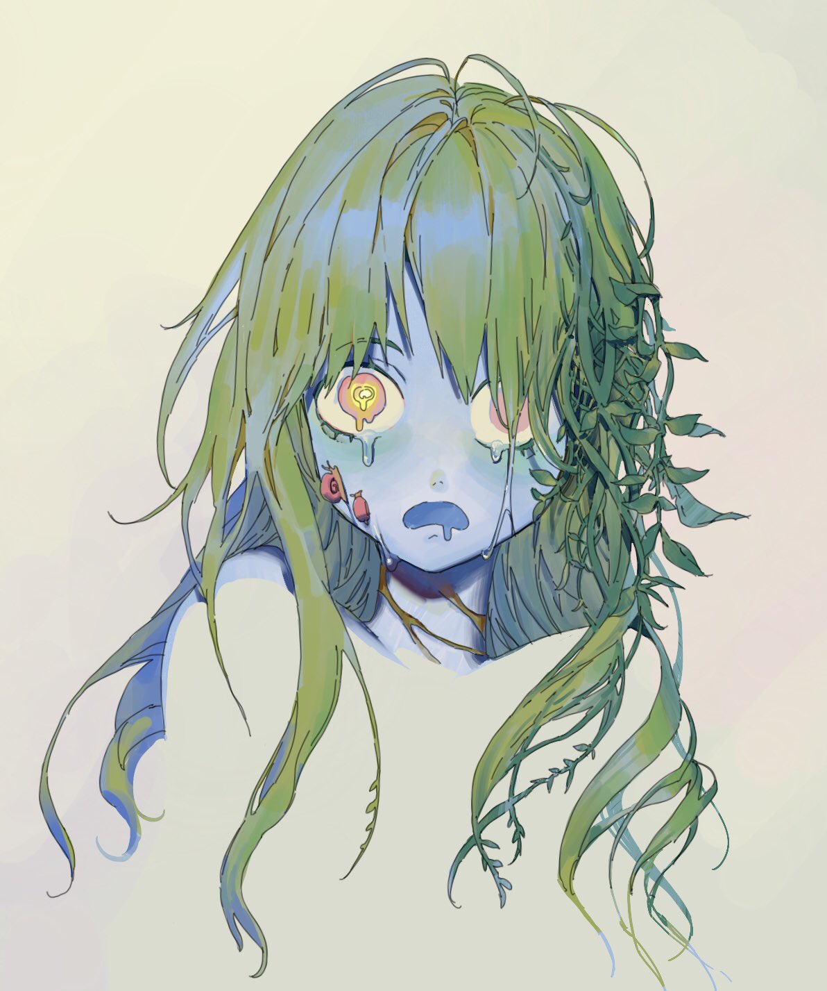 1girl blue_skin blue_tongue brown_background colored_skin colored_tongue crying crying_with_eyes_open drooling green_hair highres leaf leviair long_hair looking_at_viewer melting_eyes monster_girl mouth_drool multicolored_eyes open_mouth orange_eyes original plant plant_girl plant_hair snail solo tears upper_body vines yellow_eyes