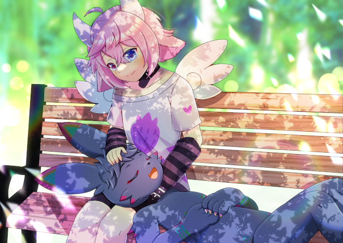 :d arm_warmers bike_shorts black_shorts blue_eyes blurry blurry_background closed_eyes closed_mouth commission day depth_of_field fang feet_out_of_frame furry hair_between_eyes headpat heterochromia knees_up kou_hiyoyo lap_pillow lying on_back on_bench original outdoors own_hands_together shirt shorts sitting skeb_commission smile striped_clothes violet_eyes white_shirt white_wings wings