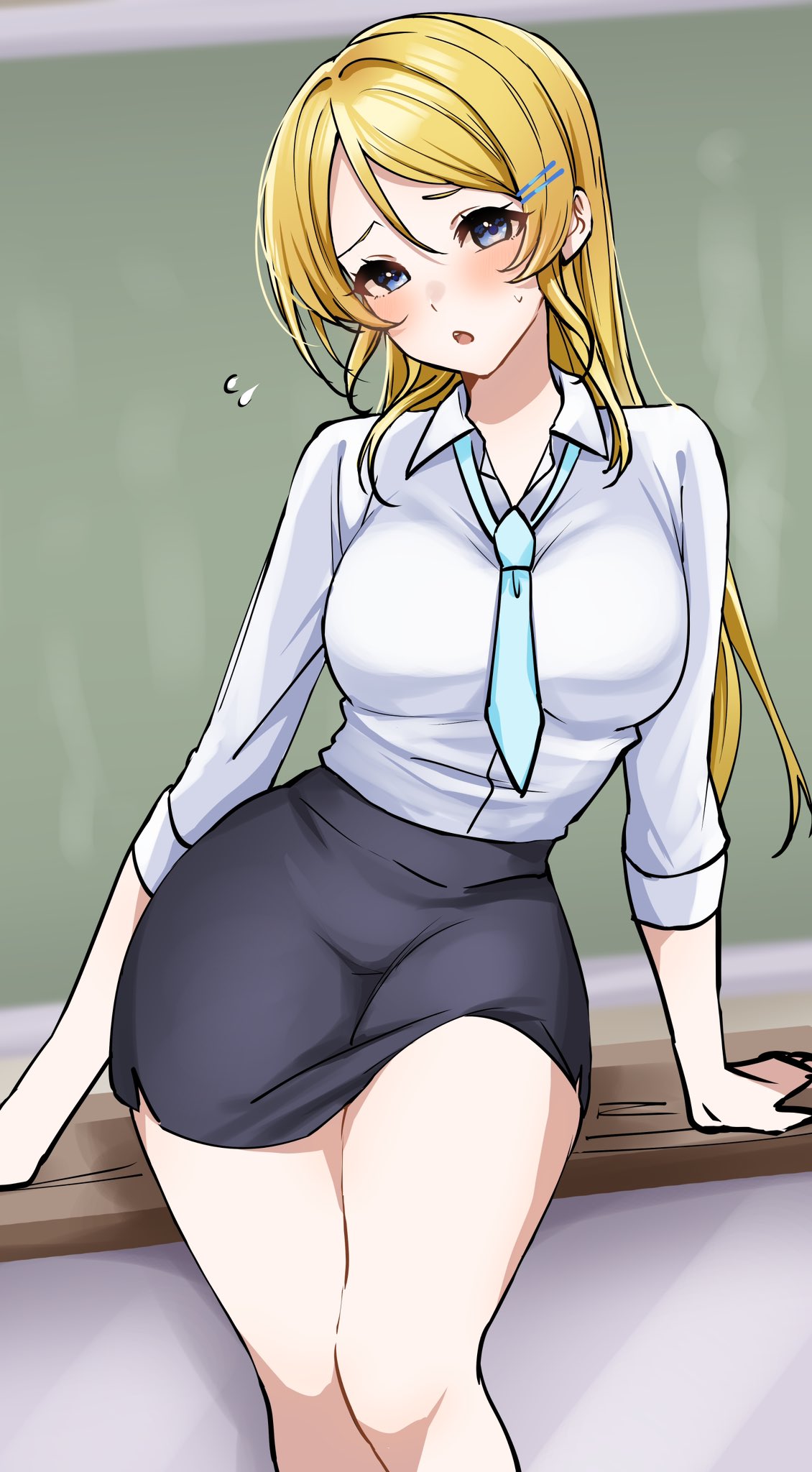1girl alternate_costume arm_support ayase_eli black_skirt blonde_hair blue_eyes blush breasts chalkboard collared_shirt commentary_request embarrassed hair_between_eyes hair_ornament highres long_hair looking_at_viewer loose_necktie love_live! love_live!_school_idol_project mei_hinamatsu miniskirt necktie open_mouth pencil_skirt shirt sidelocks skirt small_sweatdrop solo thighs white_shirt