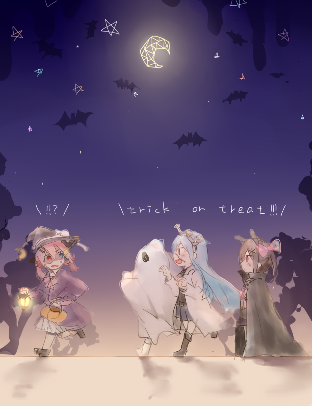 !? 4girls animal animal_ears bat_(animal) black_cape black_footwear black_hair black_headwear black_shirt blue_eyes blue_hair blue_skirt boots cape capelet crescent ghost_costume halloween heterochromia highres lab_coat multiple_girls night night_sky open_clothes open_mouth original pink_hair pleated_skirt purple_capelet red_eyes satou_saya shaded_face shirt skirt sky sweat trick_or_treat white_skirt wings