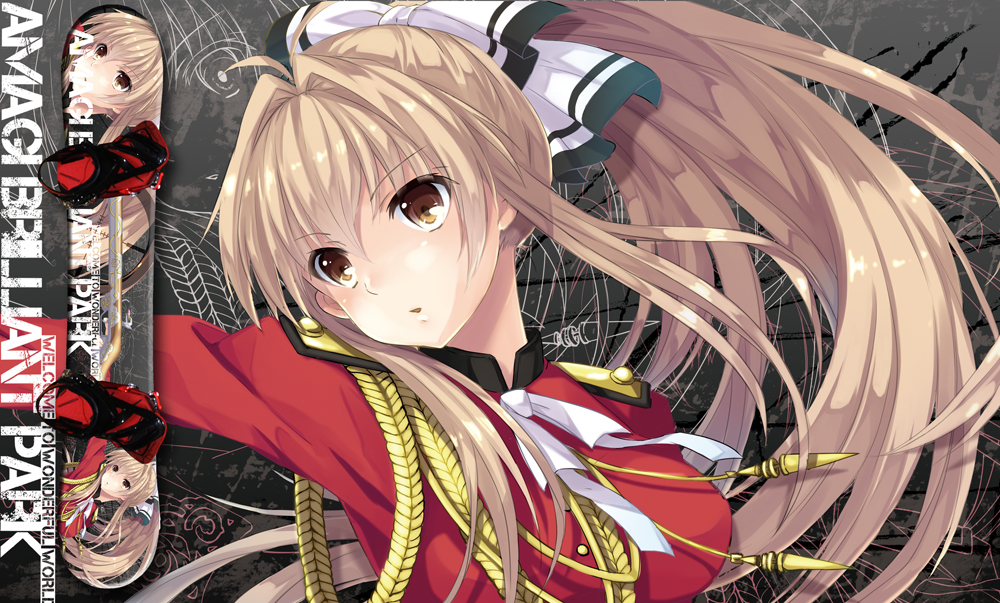 1girl amagi_brilliant_park arm_at_side brown_eyes brown_hair commission copyright_name english_text long_hair looking_to_the_side military_uniform official_art outstretched_arm parted_lips ponytail ribbon sento_isuzu solo uniform white_ribbon yaki_mayu