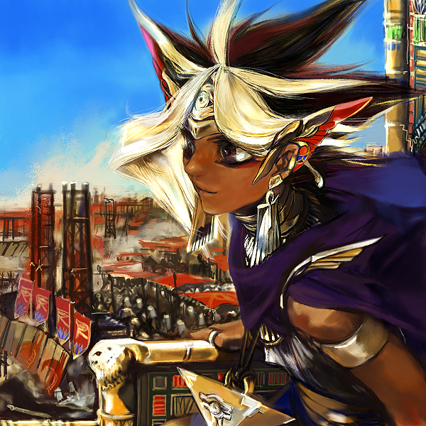atem bad_id bad_pixiv_id black_hair blonde_hair blue_cape brown_eyes cape dark_skin egyptian egyptian_clothes jewelry male_focus millennium_puzzle mogami_fuu multicolored_hair outdoors painterly red_eyes redhead yu-gi-oh! yu-gi-oh!_duel_monsters
