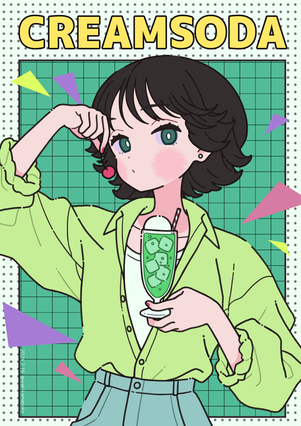 1girl abstract_background arm_up black_hair blush cherry closed_mouth collarbone collared_shirt commentary cream_soda cup dress_shirt drinking_glass drinking_straw earrings english_text food fruit green_background green_eyes green_shirt grey_skirt grid_background highres holding holding_cup holding_food jewelry long_sleeves looking_at_viewer nail_polish neki_(wakiko) original puffy_long_sleeves puffy_sleeves red_nails shirt skirt solo stud_earrings white_shirt