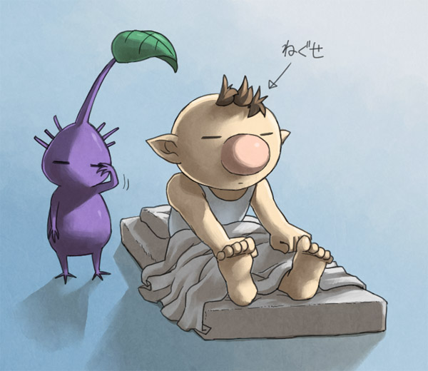1boy arrow_(symbol) bare_arms bare_shoulders barefoot big_nose blue_bow bow brown_hair clenched_hands closed_eyes closed_mouth colored_skin commentary_request expressionless full_body futon gradient_background leaf male_focus messy_hair motion_lines naru_(wish_field) no_mouth olimar on_bed partially_unbuttoned pikmin_(creature) pikmin_(series) pillow pink_nose pointy_ears purple_hair purple_pikmin purple_skin rubbing_eyes shadow short_hair sitting tank_top toes under_covers very_short_hair white_tank_top