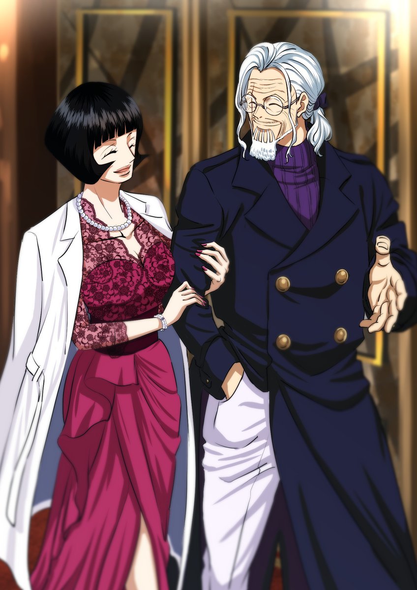 1boy 1girl arm_hug beard black_hair blunt_bangs bracelet breasts buttons closed_eyes closed_mouth coat coat_on_shoulders commentary_request couple dress facial_hair facing_viewer glasses hand_in_pocket hetero highres husband_and_wife jewelry lips long_hair musasabiop necklace one_piece pants red_dress red_nails shakuyaku_(one_piece) short_hair silvers_rayleigh smile sweater white_hair white_pants