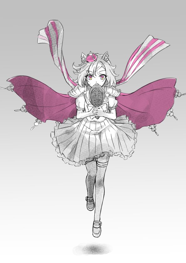 1girl animal_ears armor bow bowtie cape cofee_fan covered_mouth crown earclip floating_hair hand_mirror holding holding_mirror horse_ears horse_girl horse_tail mini_crown mirror partially_colored piercing pink_cape pink_eyes sailor_collar school_uniform shoes short_hair short_sleeves shoulder_armor skirt solo t.m._opera_o_(umamusume) tail thigh-highs tracen_school_uniform umamusume