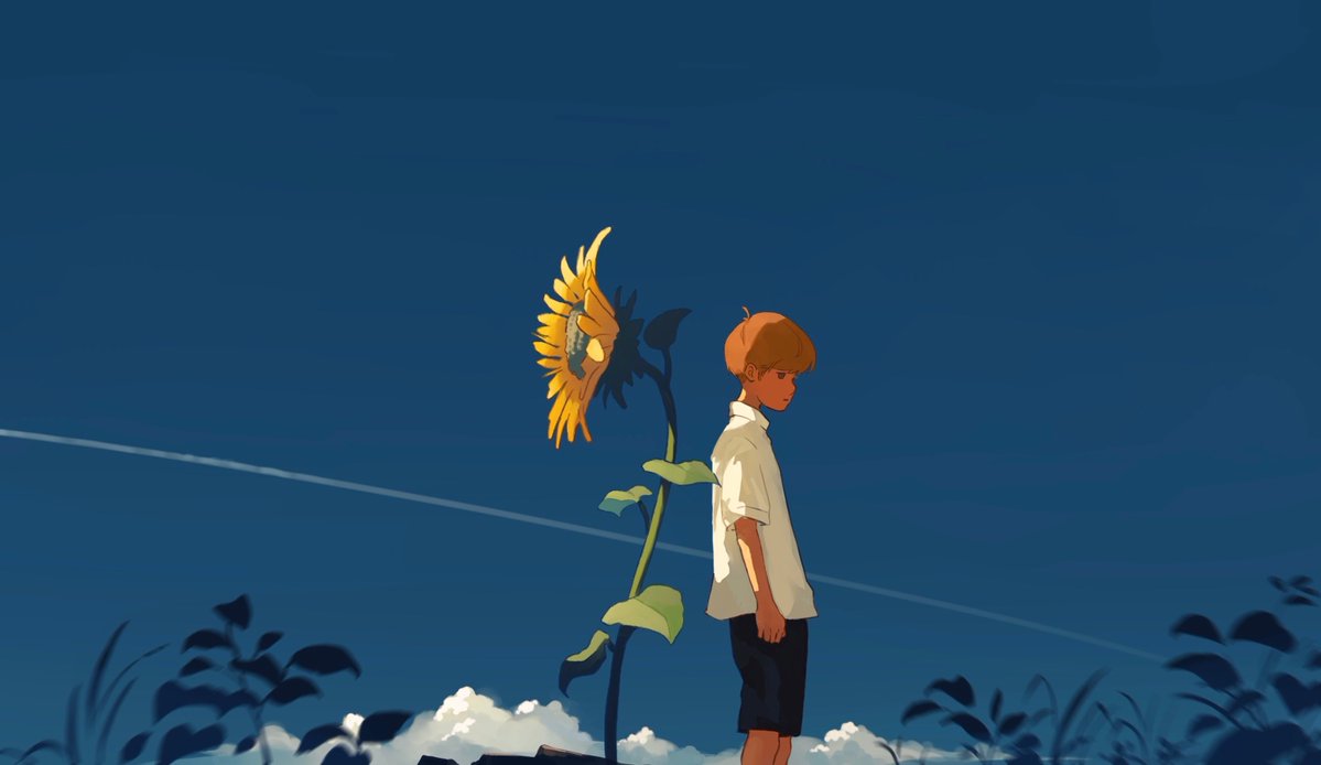 1boy ahoge arms_at_sides black_shorts blue_sky brown_eyes brown_hair clear_sky closed_mouth collared_shirt contrail expressionless feet_out_of_frame flower from_side male_focus nature original outdoors plant profile scenery shirt short_hair shorts sky solo sunflower taizo_(taizo_03) white_shirt wide_shot