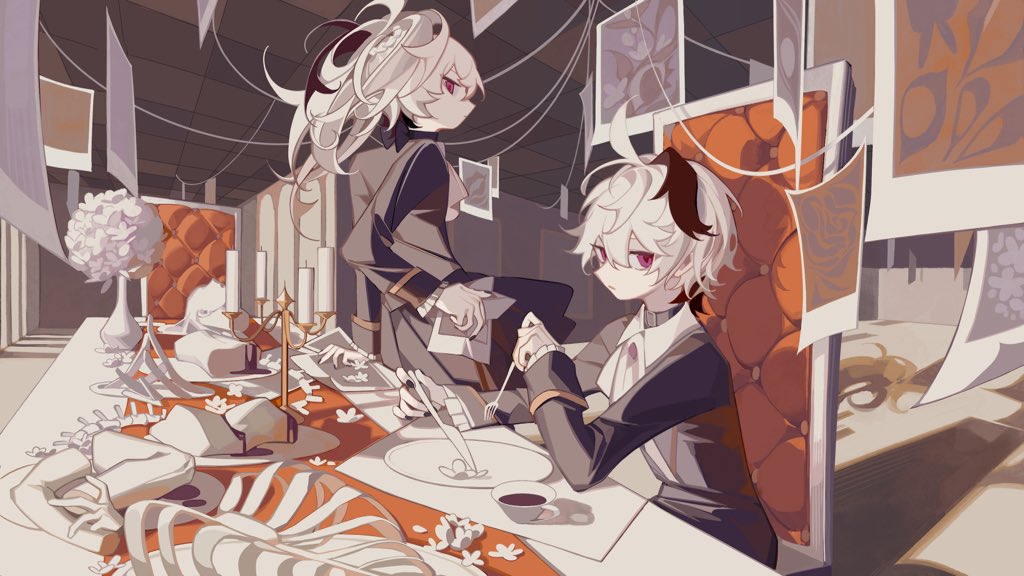 2girls androgynous antenna_hair black_collar black_hair black_nails candlestand ceiling chair collar collared_shirt cup dual_persona eight-b flower flower_(vocaloid) flower_(vocaloid3) flower_(vocaloid4) fork frilled_sleeves frills holding holding_fork holding_knife indoors knife long_sleeves looking_at_viewer medium_hair multicolored_hair multiple_girls nail_polish photo_(object) pink_eyes plate ponytail shirt short_hair sitting sitting_on_table streaked_hair tile_ceiling tiles vocaloid white_flower white_hair
