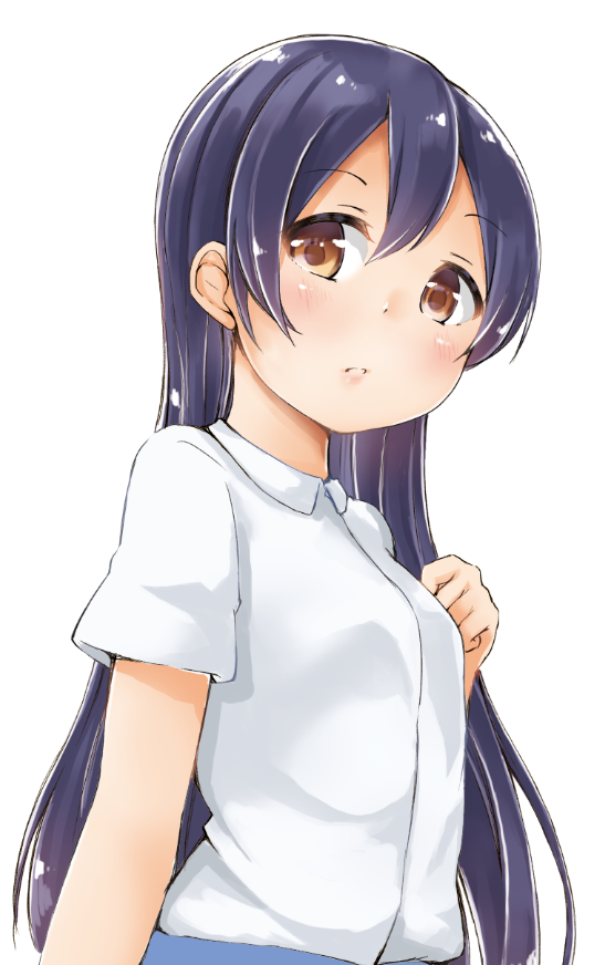 1girl arm_at_side blue_skirt blush breasts brown_eyes collared_shirt commentary_request dot_nose funyariko hand_on_own_chest long_hair looking_at_viewer looking_to_the_side love_live! parted_lips purple_hair shirt shirt_tucked_in short_sleeves simple_background skirt solo sonoda_umi straight_hair three_quarter_view turning_head upper_body white_background white_shirt