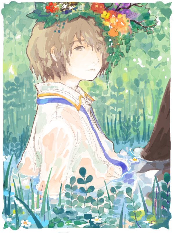 1boy ah_roro arm_support bad_drawr_id bad_id black_pants blue_ribbon border branch brown_eyes brown_hair closed_mouth collared_shirt flower flower_wreath food fruit grapes grass head_wreath leaf long_sleeves looking_at_viewer male_focus oekaki original pants partially_submerged reclining red_flower ribbon shirt short_hair solo wet wet_clothes wet_shirt white_border white_flower white_shirt yellow_flower