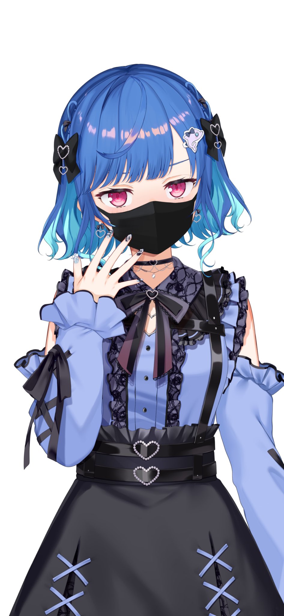 1girl ahoge black_bow black_choker black_skirt blue_hair blue_shirt bow choker clothing_cutout commentary_request cowboy_shot dolphin_hair_ornament ear_piercing earrings hair_bow hair_ornament hand_up highres industrial_piercing jewelry jirai_kei long_sleeves looking_at_viewer mask mouth_mask multicolored_nails nail_polish nijisanji nishizono_chigusa nishizono_chigusa_(jirai_kei) official_alternate_costume official_art piercing shirt short_hair shoulder_cutout sidelocks simple_background skirt solo two_side_up violet_eyes virtual_youtuber white_background