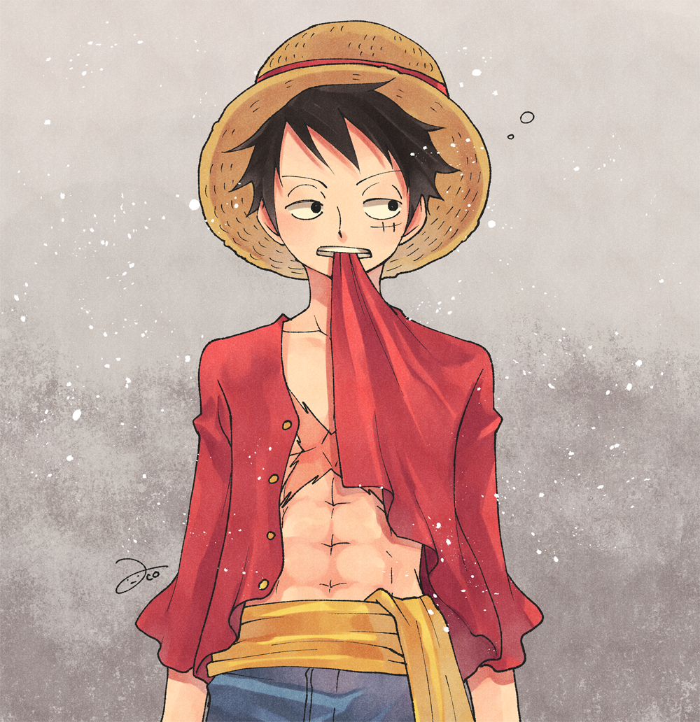 1boy abs aco_peda black_eyes black_hair blue_shorts clothes_in_mouth half-closed_eyes hat long_sleeves looking_to_the_side male_focus monkey_d._luffy one_piece open_clothes open_shirt pectoral_cleavage pectorals red_shirt sash scar scar_on_cheek scar_on_chest scar_on_face shirt short_hair shorts simple_background solo straight-on straw_hat upper_body yellow_sash