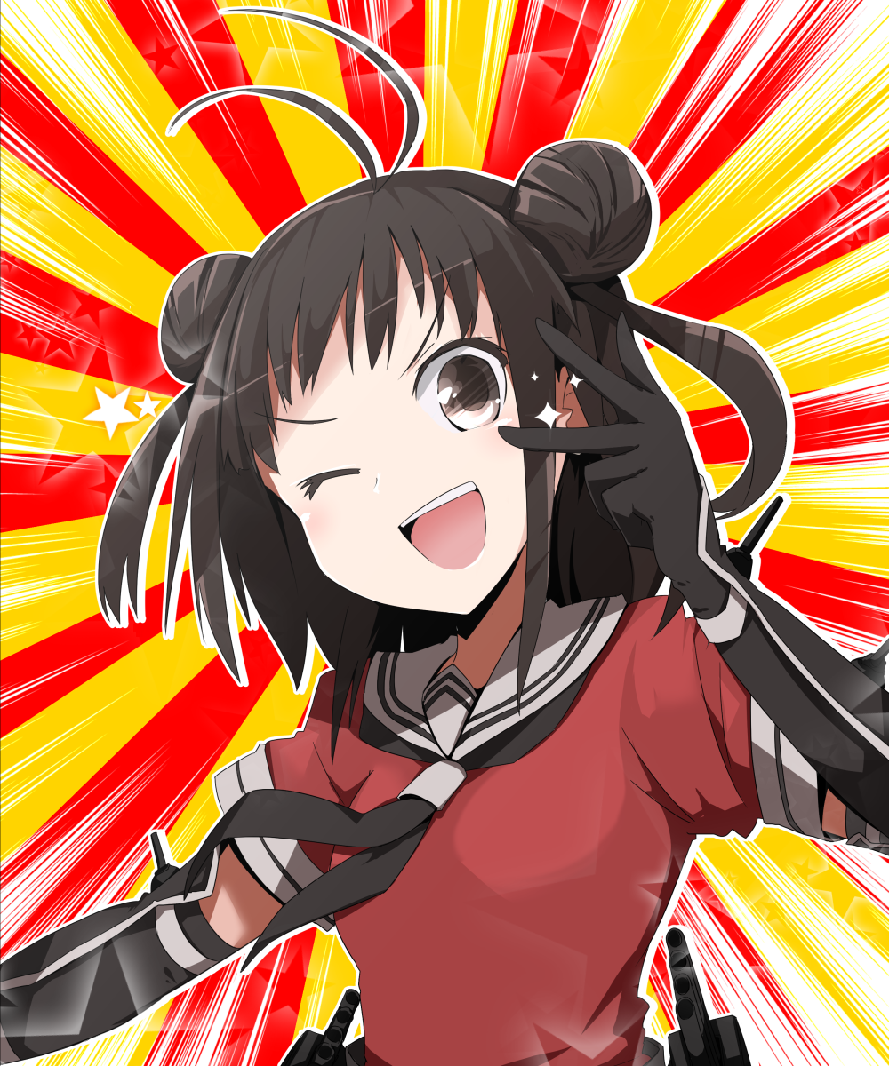 1girl antenna_hair black_gloves black_neckerchief brown_eyes brown_hair collared_shirt commentary_request double_bun elbow_gloves emphasis_lines eyelashes gloves hair_bun highres kantai_collection light_blush looking_at_viewer medium_hair meme naka_(kancolle) neckerchief one_eye_closed open_mouth outline red_background red_shirt red_sleeves sailor_collar sailor_shirt shirt short_sleeves simple_background smile solo sparkle star_(symbol) taniya_raku teeth two-tone_background upper_body upper_teeth_only v v-shaped_eyebrows walkie-talkie white_outline white_sailor_collar yellow_background
