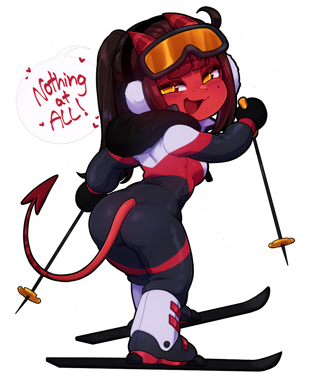 1girl colored_skin demon_girl demon_horns demon_tail earmuffs english_text goggles highres holding_ski_pole horns long_hair long_sleeves looking_at_viewer meruccubus_(merunyaa) merunyaa mole mole_under_eye oni open_mouth original pointy_ears red_oni red_skin ski_boots ski_gear ski_goggles ski_pole skiing skin-covered_horns skis smile snow solo tail