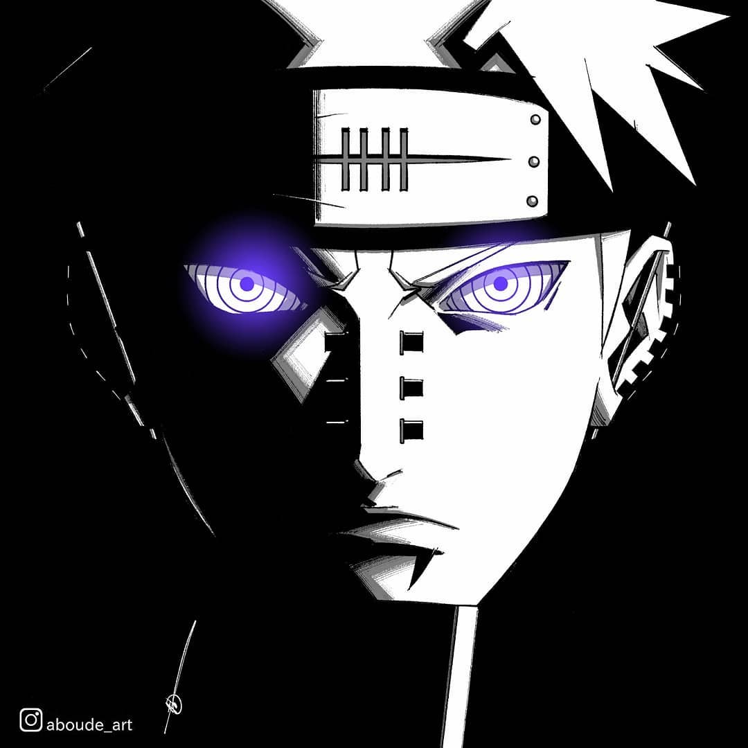 1boy aboude_art artist_name closed_mouth commentary ear_piercing earrings english_commentary forehead_protector instagram_logo instagram_username jewelry limited_palette lip_piercing looking_at_viewer male_focus naruto_(series) naruto_shippuuden nose_piercing pain_(naruto) piercing rinnegan short_hair signature solo spiky_hair