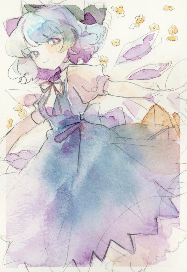 1girl blue_dress blue_eyes blue_hair border bow bright_pupils cirno closed_mouth curly_hair dress flower green_bow hair_bow looking_at_viewer multicolored_hair neck_ribbon open_hands outstretched_arms painting_(medium) puffy_short_sleeves puffy_sleeves purple_dress purple_hair red_ribbon ribbon ryokotyu shirt short_hair short_sleeves sketch smile solo touhou traditional_media two-tone_dress watercolor_(medium) white_background white_hair white_pupils white_shirt yellow_flower