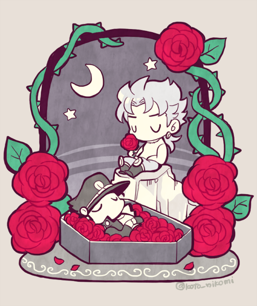 2boys bed_of_roses chibi chibi_only closed_eyes coat coffin crescent_moon dio_brando earrings flower hat holding holding_flower jewelry jojo_no_kimyou_na_bouken kotorai kujo_jotaro limited_palette long_sleeves moon multiple_boys no_mouth petals red_flower red_rose rose rose_petals sitting star_(sky) twitter_username
