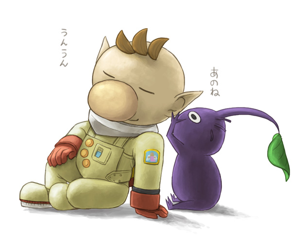 1boy angel_print big_nose black_eyes brown_hair buttons closed_eyes closed_mouth colored_skin commentary from_side gloves hand_on_own_knee hand_up leaf leaning_to_the_side male_focus naru_(wish_field) no_headwear no_mouth olimar patch pikmin_(creature) pikmin_(series) pointy_ears purple_hair purple_pikmin purple_skin red_gloves shadow short_hair simple_background sitting smile spacesuit very_short_hair whispering whispering_in_ear white_background