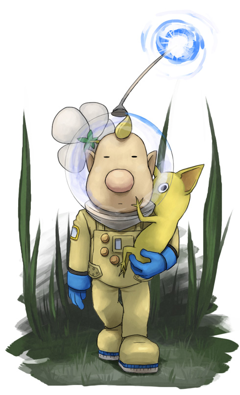 1boy big_nose black_eyes blonde_hair blue_gloves blue_light buttons closed_mouth colored_skin commentary_request creature expressionless gloves grass helmet holding holding_creature looking_at_viewer louie_(pikmin) male_focus naru_(wish_field) no_mouth patch pikmin_(creature) pikmin_(series) pointy_ears radio_antenna short_hair simple_background space_helmet spacesuit straight-on very_short_hair walking white_background white_footwear yellow_pikmin yellow_skin