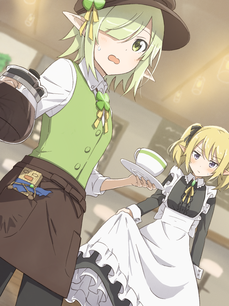 2girls alternate_costume aoi_(princess_connect!) apron beret black_pants black_ribbon blonde_hair blunt_bangs blurry blurry_background blush brown_apron cafe center_frills chloe_(princess_connect!) coffee_pot collared_shirt cowboy_shot cup dutch_angle enmaided frills fujiyama_(yellow) green_eyes green_hair green_vest hair_over_one_eye hair_ribbon hands_up hat highres holding holding_coffee_pot holding_plate long_sleeves looking_at_viewer maid maid_apron multiple_girls neck_ribbon open_mouth pants plank plate pointy_ears princess_connect! ribbon shirt sidelocks skirt_hold sweatdrop swept_bangs twintails vest violet_eyes waist_apron wavy_mouth white_shirt yellow_ribbon
