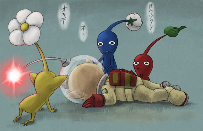 1boy all_fours backpack bag black_eyes blue_background blue_pikmin blue_skin brown_hair bud colored_skin commentary_request flower full_body gloves grass hand_on_another's_head hand_on_another's_hip helmet leaf looking_at_another lying male_focus naru_(wish_field) no_mouth olimar on_stomach patch pikmin_(creature) pikmin_(series) pointy_ears pointy_nose radio_antenna red_bag red_gloves red_light red_pikmin red_skin scratches short_hair simple_background space_helmet spacesuit triangle_mouth very_short_hair white_flower yellow_pikmin yellow_skin