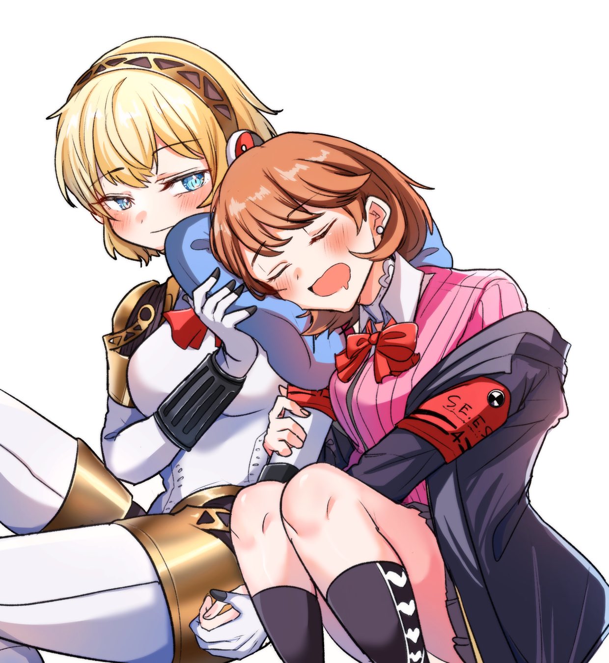 2girls aegis_(persona) android black_jacket black_skirt black_socks blonde_hair blue_eyes blush bow bowtie breasts brown_hair cardigan choker closed_mouth collared_shirt commentary_request drooling earrings gekkoukan_high_school_uniform head_on_another's_shoulder heart heart_choker highres holding holding_another's_arm holding_hands holding_pillow jacket jewelry joints knees_up looking_at_another medium_breasts mouth_drool multiple_girls open_clothes open_jacket open_mouth pearl_earrings persona persona_3 persona_3_reload pillow pink_cardigan pleated_skirt red_bow red_bowtie robot_joints s.e.e.s school_uniform shirt short_hair sitting skirt sleeping socks stud_earrings takeba_yukari white_background white_choker white_shirt yuri yuyuy_00