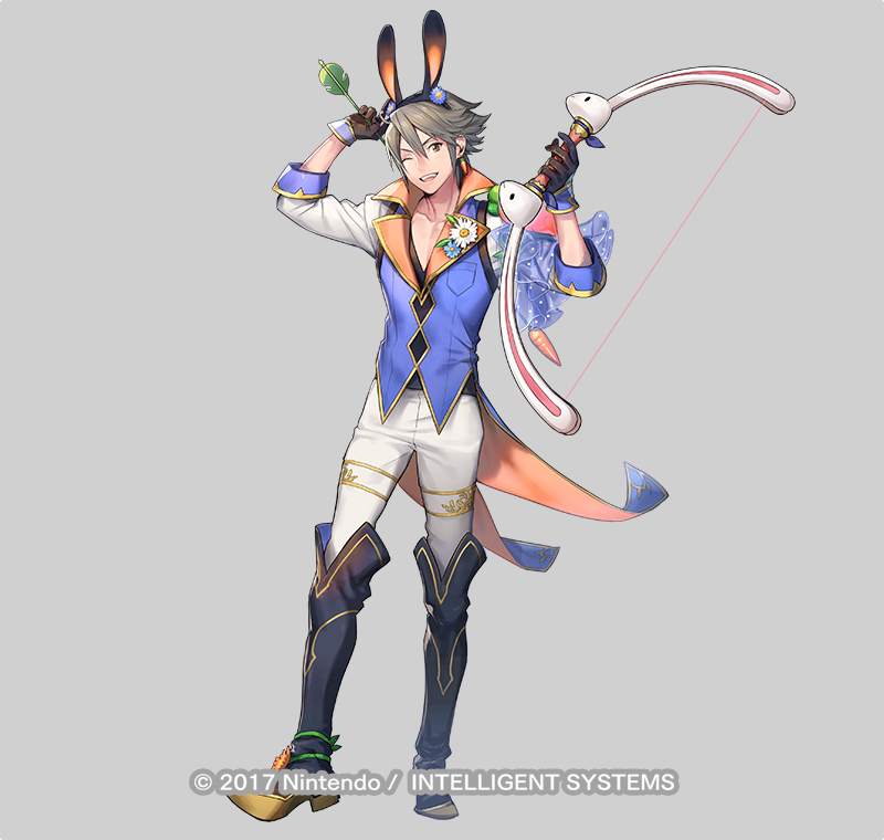 1boy animal_ears arrow_(projectile) boots copyright_name fake_animal_ears fire_emblem fire_emblem_heroes grey_hair holding holding_arrow holding_weapon inigo_(spring)_(fire_emblem) knee_boots official_alternate_costume official_art p-nekor pants rabbit_ears solo weapon white_pants
