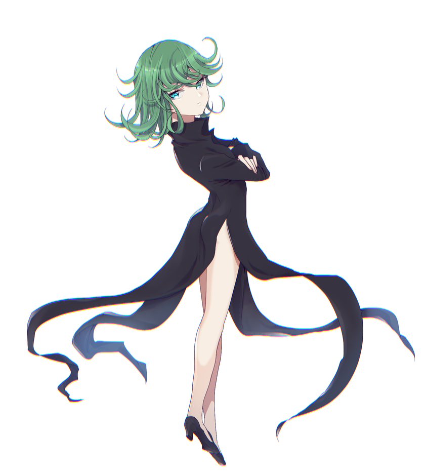 1girl black_dress closed_mouth curly_hair dress floating full_body green_eyes green_hair high_heels long_hair long_sleeves looking_at_viewer murata_tefu one-punch_man simple_background solo tatsumaki white_background