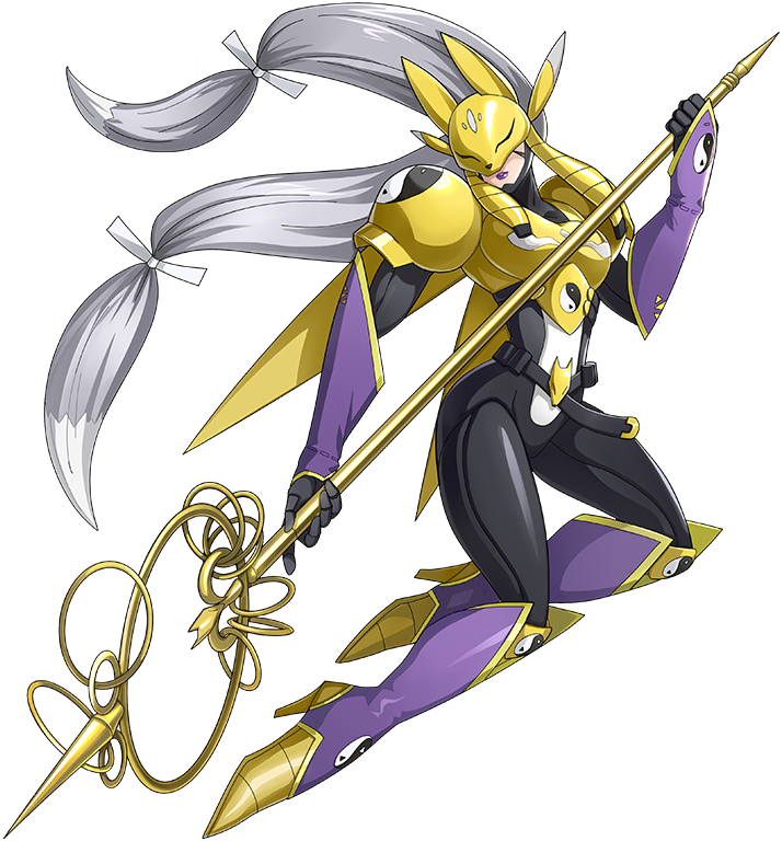 armor breasts digimon fox_mask gloves grey_hair holding holding_staff huge_breasts japanese_clothes long_hair mask non-web_source purple_footwear purple_lips sakuyamon staff