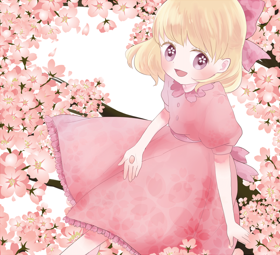 1girl branch cherry_blossoms child dress flower-shaped_pupils happy kohori looking_at_viewer medium_hair mother_(game) mother_2 paula_(mother_2) petals pink_dress pink_eyes smile solo symbol-shaped_pupils