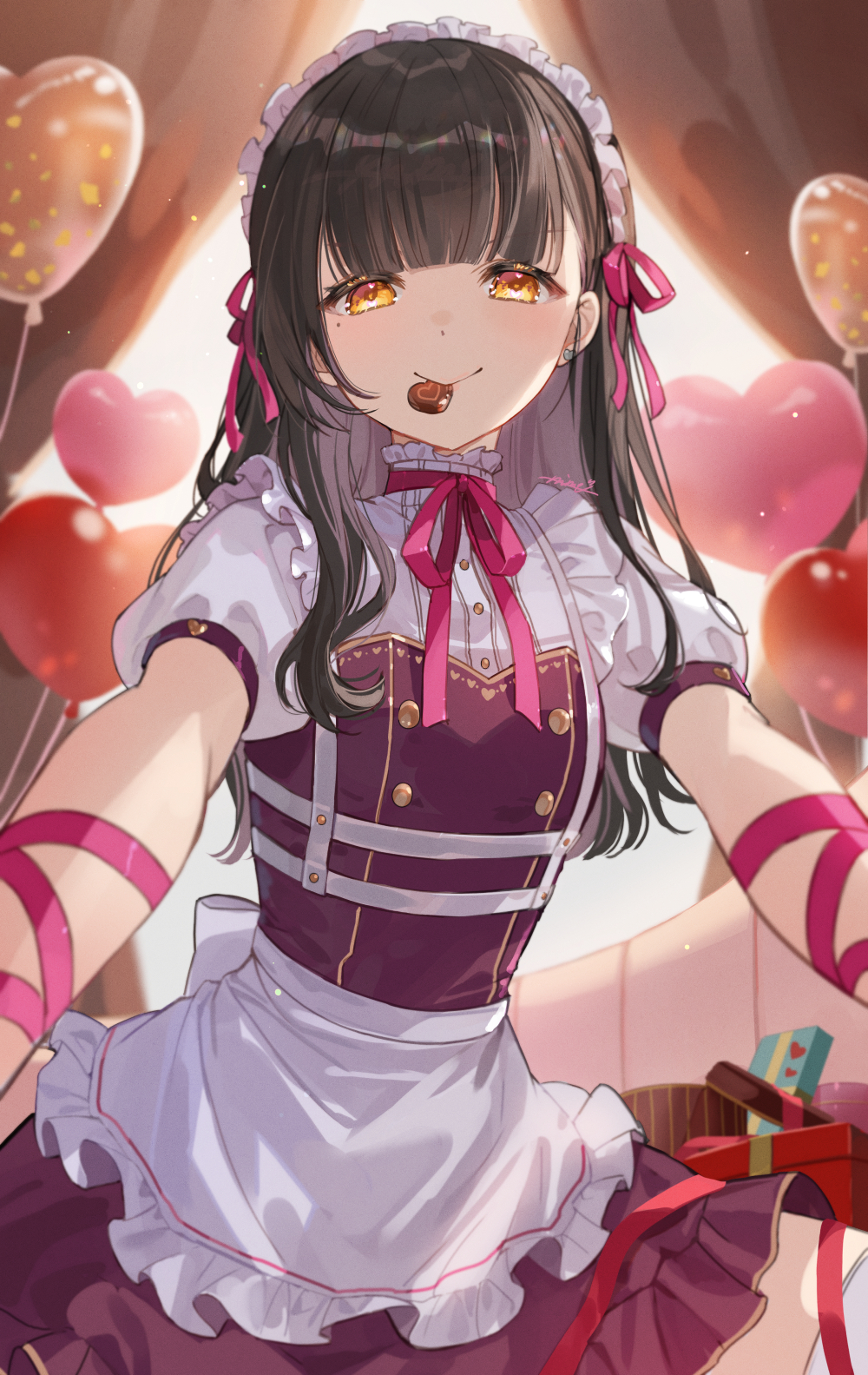 1girl apron balloon black_hair breasts brown_eyes candy chocolate closed_mouth commentary_request food food_in_mouth frilled_apron frilled_skirt frills heart heart-shaped_chocolate heart_balloon highres long_hair looking_at_viewer maid_headdress mouth_hold neck_ribbon nima_(niru54) original puffy_short_sleeves puffy_sleeves purple_skirt red_ribbon ribbon shirt short_sleeves skirt small_breasts smile solo white_apron white_shirt
