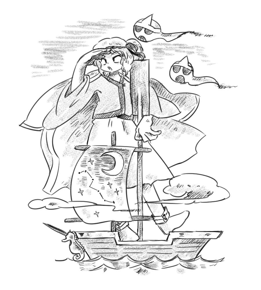 1other :o androgynous boat chikafumikou clouds commentary_request constellation crescent fujiwara_no_iyozane full_body ghost ghost_(len'en) greyscale hair_ribbon hand_on_own_forehead high-waist_skirt holding holding_oar jacket jacket_on_shoulders japanese_clothes len'en long_sleeves looking_ahead maid_headdress medium_skirt monochrome oar one-hour_drawing_challenge one_side_up open_mouth other_focus ribbon sailboat shirt short_hair simple_background skirt solid_circle_eyes solo star_(sky) triangular_headpiece watercraft waves white_background wide_sleeves