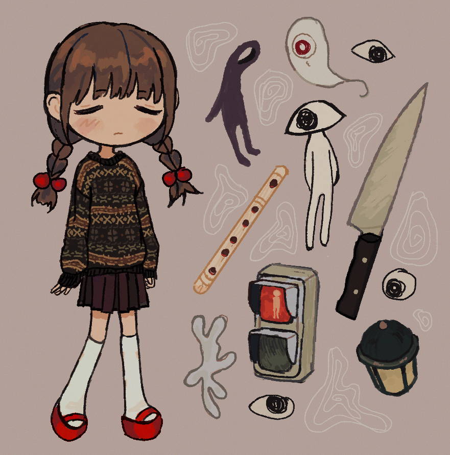 1girl aged_down alternate_costume arms_at_sides blush braid brown_hair closed_eyes closed_mouth commentary english_commentary expressionless eye_person_(yume_nikki) eyeball flute frown full_body ghost grey_background hair_bobbles hair_ornament instrument io_(onisarashi) kitchen_knife kneehighs lantern long_hair long_sleeves low_twintails madotsuki mary_janes medium_bangs miniskirt one-eyed pirori_(yume_nikki) pleated_skirt red_footwear shoes sidelocks simple_background skirt sleeves_past_wrists socks standing sweater traffic_light twin_braids twintails white_socks yume_nikki