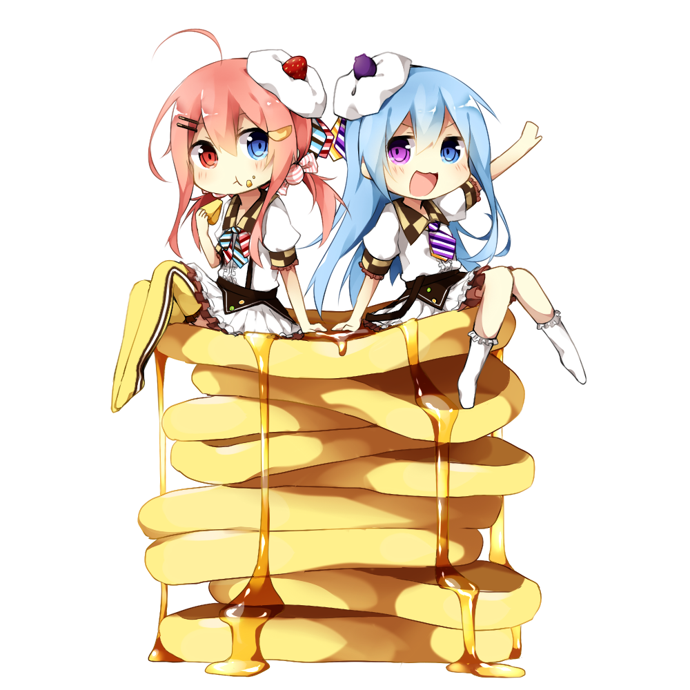 2girls :d :t blue_eyes blue_hair blush center_frills chibi closed_mouth collared_shirt dress_shirt eating food food_on_face frilled_skirt frilled_socks frilled_thighhighs frills hair_between_eyes heterochromia holding holding_food in_food long_hair low_twintails mini_person minigirl multiple_girls no_shoes original outstretched_arm pink_hair pleated_skirt puffy_short_sleeves puffy_sleeves red_eyes satou_saya shirt short_sleeves simple_background sitting skirt smile socks suspenders thigh-highs twintails v-shaped_eyebrows very_long_hair violet_eyes white_background white_shirt white_skirt white_socks yellow_thighhighs