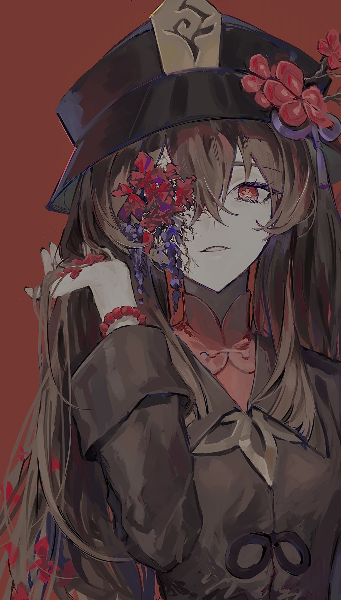 1girl black_headwear black_shirt bracelet brown_hair collared_shirt d_yinkya flower genshin_impact grin hair_between_eyes hand_in_own_hair hat hat_flower highres hu_tao_(genshin_impact) jewelry long_hair long_sleeves looking_at_viewer one_eye_covered open_mouth red_background red_eyes red_flower shirt sidelocks simple_background smile solo straight_hair teeth upper_body