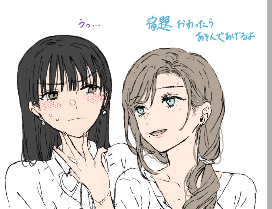 2girls arm_up black_hair blue_eyes blush bracelet brown_eyes closed_mouth collared_shirt earrings jewelry long_hair looking_at_another low-tied_long_hair mole mole_above_eye mole_on_collarbone mole_under_eye mole_under_mouth multiple_girls muromaki nervous_sweating open_mouth original shirt simple_background sweat sweater teeth translation_request upper_body upper_teeth_only white_background white_shirt white_sweater yuri