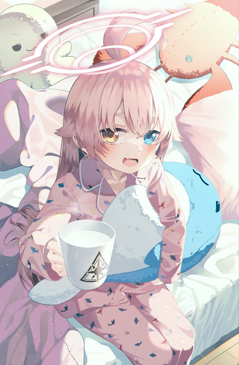 1girl :d ahoge bed blue_archive blue_eyes blush cup dot_nose hair_between_eyes halo heterochromia holding holding_cup hoshino_(blue_archive) hugging_object indoors kanzi legs_together looking_at_viewer on_bed open_mouth outstretched_arm pajamas pink_pajamas sidelocks sitting smile solo stuffed_animal stuffed_toy stuffed_whale yellow_eyes