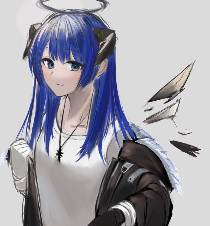 1girl arknights black_halo black_horns black_jacket blue_eyes blue_hair closed_mouth fur-trimmed_jacket fur_trim gloves grey_background halo horns jacket jewelry light_blush long_hair long_sleeves looking_at_viewer mostima_(arknights) necklace off_shoulder open_clothes open_jacket shirt shouga_chahan simple_background sketch smile solo t-shirt upper_body white_gloves white_shirt wings