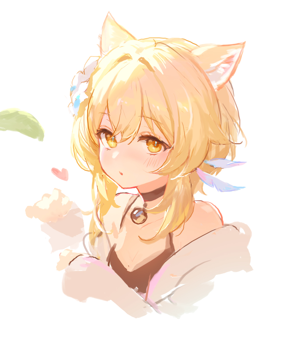 1girl adelie_cat alternate_costume animal_ears bare_shoulders bell black_choker black_tank_top blonde_hair blush breasts cat_ears choker coat feather_hair_ornament feathers flower genshin_impact hair_between_eyes hair_flower hair_ornament hand_up heart highres kemonomimi_mode long_sleeves looking_at_viewer lumine_(genshin_impact) medium_breasts neck_bell open_clothes open_coat open_mouth puffy_long_sleeves puffy_sleeves short_hair short_hair_with_long_locks sidelocks simple_background solo tank_top upper_body white_background white_coat white_flower yellow_eyes