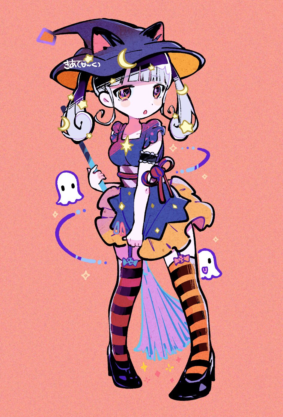 1girl animal_ears black_footwear blunt_bangs breasts broom cat_ears crescent crescent_hair_ornament dress full_body ghost grey_hair hair_ornament halloween_costume hat highres holding holding_broom kiato long_hair looking_at_viewer open_mouth orange_background orange_eyes original purple_dress purple_headwear shoes sidelocks signature simple_background skirt_hold small_breasts solo standing star_(symbol) star_hair_ornament striped_clothes striped_thighhighs thigh-highs twintails witch witch_hat