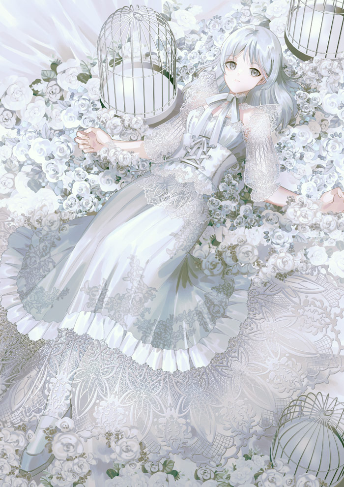 1girl ascot bed_sheet birdcage bow bowtie breasts cage closed_mouth commentary dress english_commentary expressionless flower grey_eyes grey_footwear grey_hair lace-trimmed_dress lace_sleeves lace_trim layered_dress long_dress long_hair looking_at_viewer lying noki_(affabile) on_back on_bed original pantyhose rose see-through see-through_sleeves shoes sleeves_past_elbows solo white_ascot white_bow white_bowtie white_dress white_flower white_hair white_pantyhose white_rose white_theme