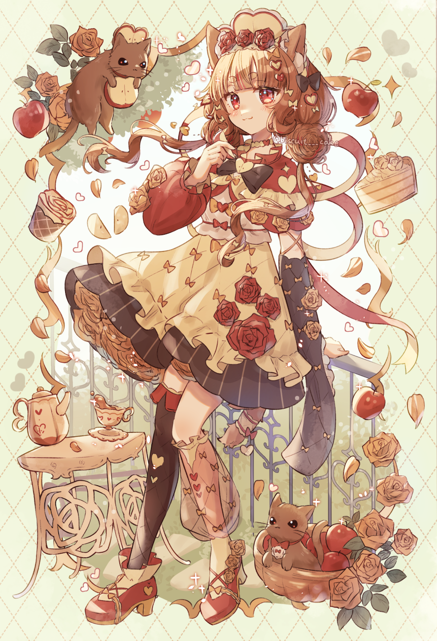 1girl :3 animal_ear_fluff animal_ears apple apple_slice artist_name asymmetrical_legwear asymmetrical_sleeves basket black_bow black_bowtie black_skirt black_thighhighs blunt_bangs bow bow_skirt bowtie brown_hair cake cake_slice capelet cat cat_ears cat_girl cat_tail choker commentary cup falling_petals fence flower food frilled_skirt frills from_side fruit full_body hair_bow hair_ornament hand_up headdress heart heart_hair_ornament highres hikimayu holding holding_food holding_fruit leaf looking_at_viewer mismatched_legwear mismatched_sleeves orange_flower orange_rose original petals puffy_sleeves red_capelet red_eyes red_flower red_footwear red_rose rose saucer shirt shoes short_hair_with_long_locks signature single_thighhigh skirt sleeves_past_fingers sleeves_past_wrists smile solo sparkle standing symbol-only_commentary table tail tail_ornament tea_set teacup teapot thigh-highs tsukumi_bis white_shirt yellow_background yellow_choker yellow_headwear yellow_skirt