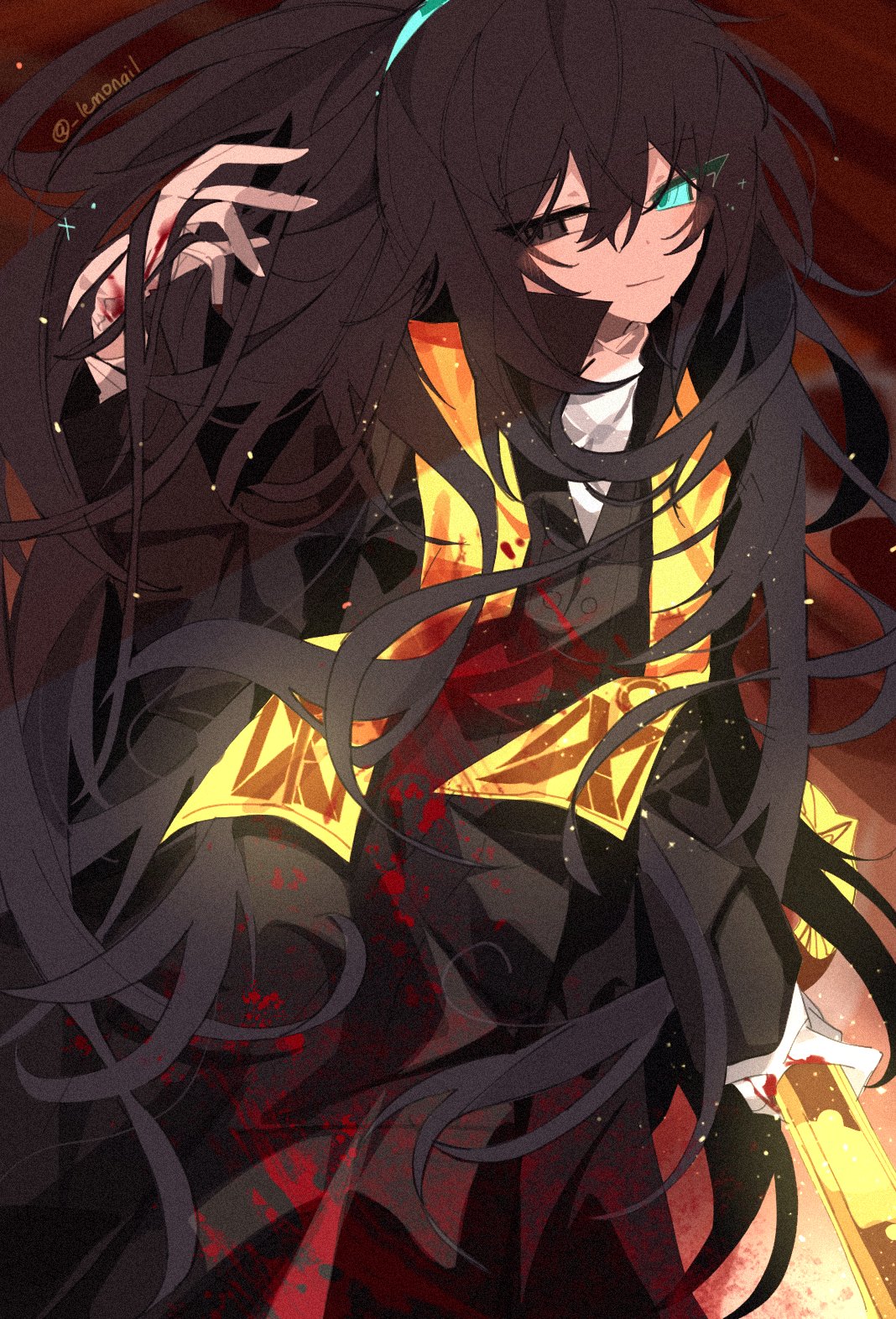 1boy black_coat black_eyes black_hair blood blood_on_clothes blue_eyes closed_mouth coat gloves half_updo hand_up heterochromia highres holding holding_key hong_lu_(project_moon) key lemonail limbus_company long_hair long_sleeves looking_at_viewer project_moon smile solo stole very_long_hair white_gloves