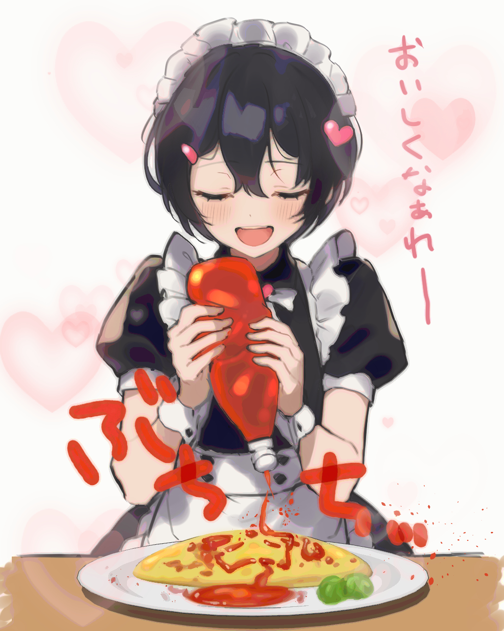 1boy apron black_dress black_hair closed_eyes commentary_request crossdressing dress food food_writing hair_ornament hairclip highres ketchup ketchup_bottle limbus_company maid maid_headdress omelet omurice open_mouth plate project_moon puffy_short_sleeves puffy_sleeves sang_yi_(project_moon) short_sleeves simple_background smile solo translated white_apron white_background y0ru73