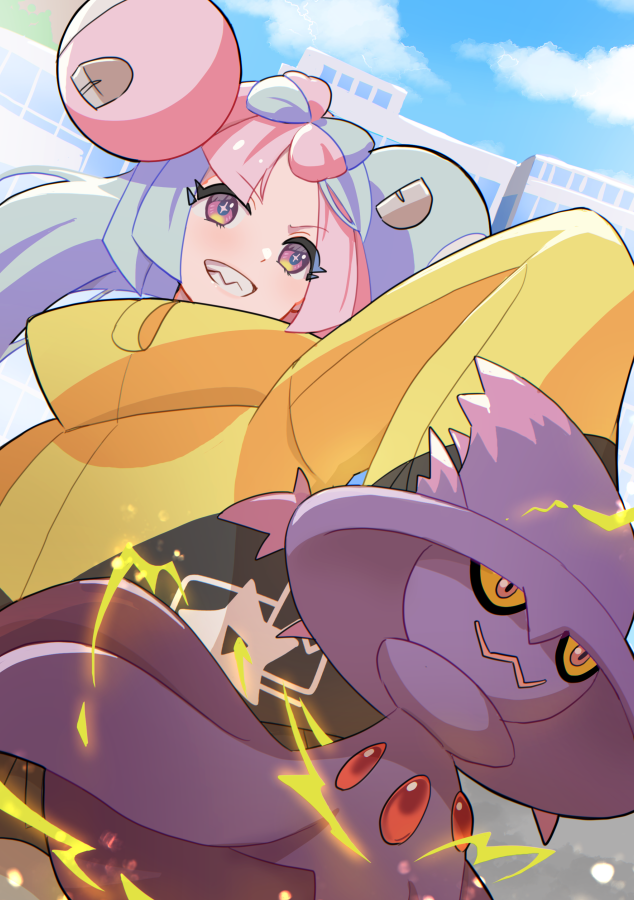 1girl blue_hair blue_sky bow-shaped_hair building character_hair_ornament clouds eyelashes hair_ornament iono_(pokemon) jacket long_hair long_sleeves mismagius mizuiro123 oversized_clothes pink_hair pokemon pokemon_(creature) pokemon_sv sky sleeves_past_fingers sleeves_past_wrists smile teeth wide_sleeves yellow_jacket