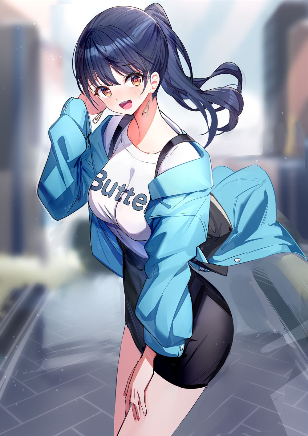 1girl backpack bag black_hair black_skirt blue_jacket blurry blurry_background boku_no_kokoro_no_yabai_yatsu breasts brown_eyes clothes_writing commentary_request depth_of_field earrings english_text hair_between_eyes hand_up highres jacket jewelry long_hair long_sleeves medium_breasts off_shoulder open_clothes open_jacket pencil_skirt ponytail puffy_long_sleeves puffy_sleeves ririko_(zhuoyandesailaer) shirt skirt solo white_shirt yamada_anna