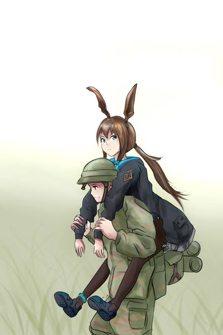 1boy 1girl amiya_(arknights) arknights carrying photo-referenced soldier