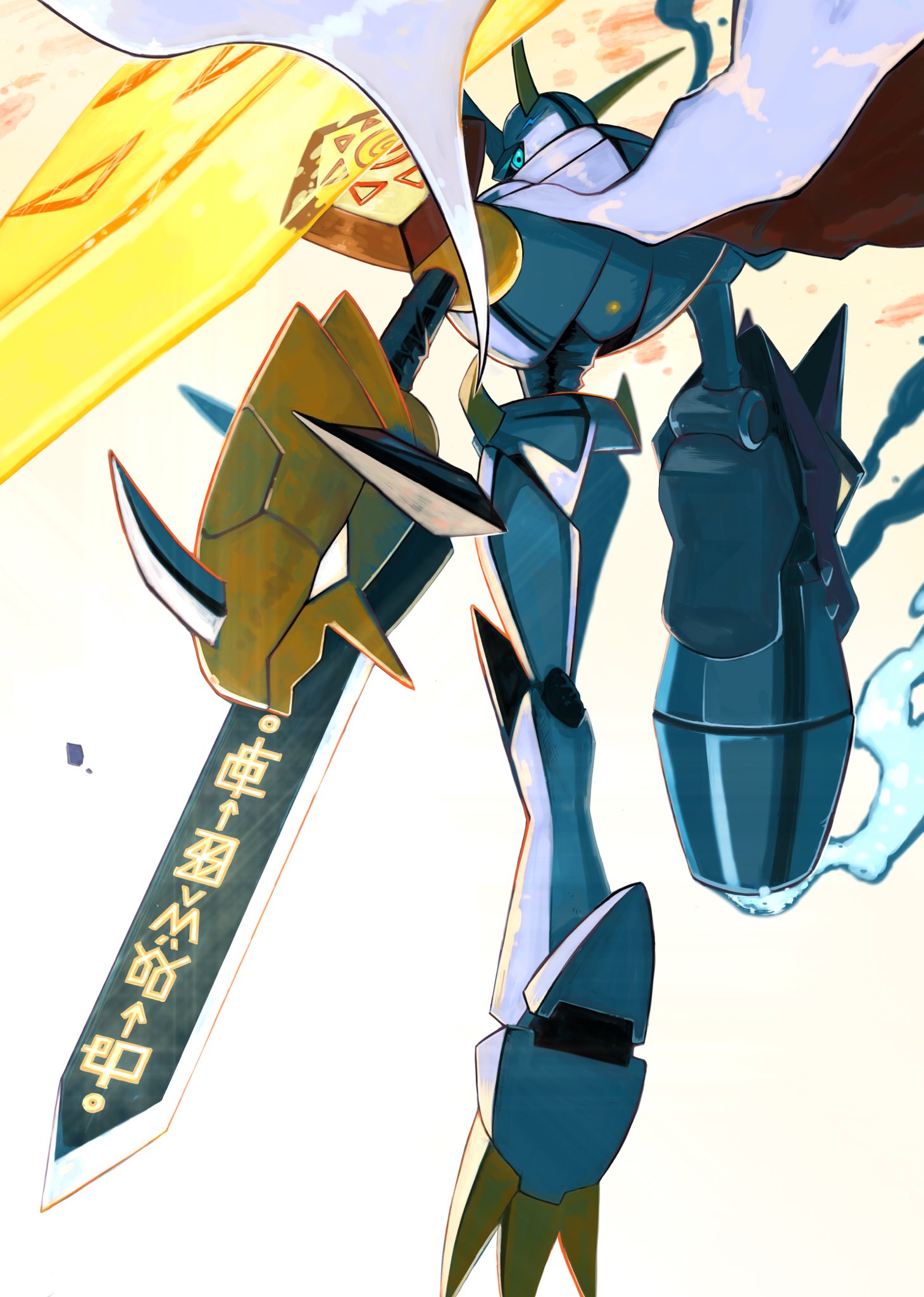 analog_boy02 arm_blade arm_cannon blue_eyes cape digimon energy_barrier energy_shield from_behind highres horns looking_at_viewer looking_back mecha omegamon red_cape robot sword weapon white_cape