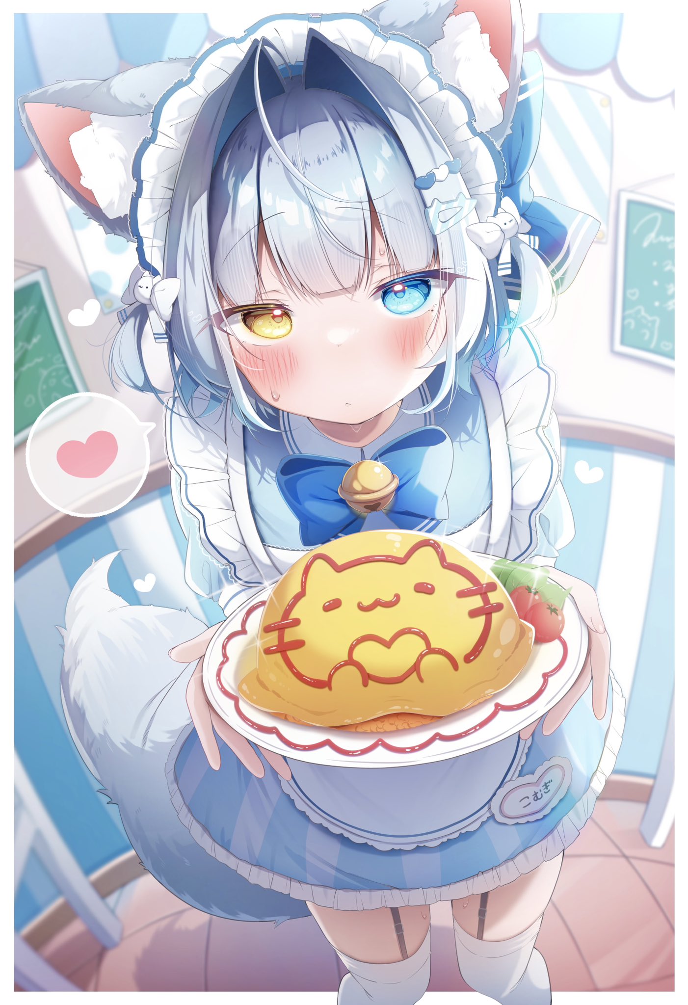 1girl ahoge animal_ear_fluff animal_ears apron bell blue_bow blue_bowtie blue_eyes blue_shirt blush bow bowtie cafe cat_ears cat_girl closed_mouth dutch_angle feet_out_of_frame fisheye food foreshortening garter_straps grey_hair hair_intakes hands_up heart heterochromia highres holding holding_plate incoming_food indoors komugi_(2212) long_bangs looking_at_viewer maid maid_headdress name_tag neck_bell omelet omurice original plate shirt skirt solo spoken_heart striped_clothes striped_skirt thigh-highs white_apron white_thighhighs yellow_eyes